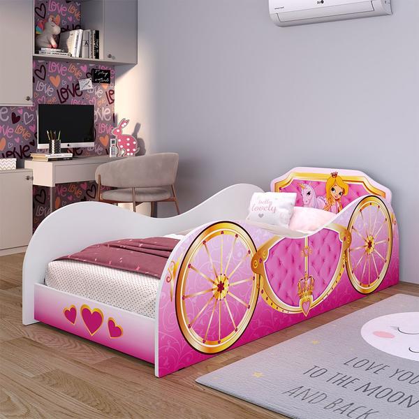 Imagem de Mini Cama Infantil Carruagem Montessoriana MDF Lateral Grade Proteção Decoração Quarto Feminino Tema Princesa Unicórnio Menina - RPM