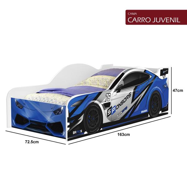 Imagem de mini cama infantil juvenil 11 Azul Sport adesivada para menino quarto carro