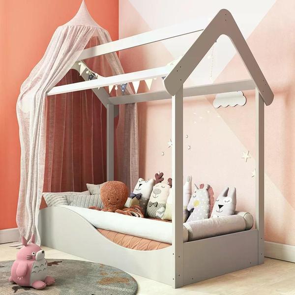 Imagem de Mini Cama Infantil Montessori Casinha em MDF Uli Móveis Peroba Branco Brilho