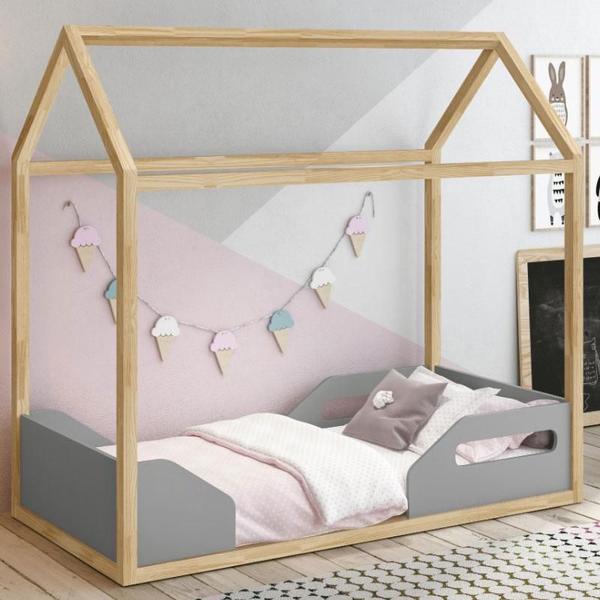 Imagem de Mini Cama Montessoriana Zoe Cinza Acetinado Pinus Natural  Reller