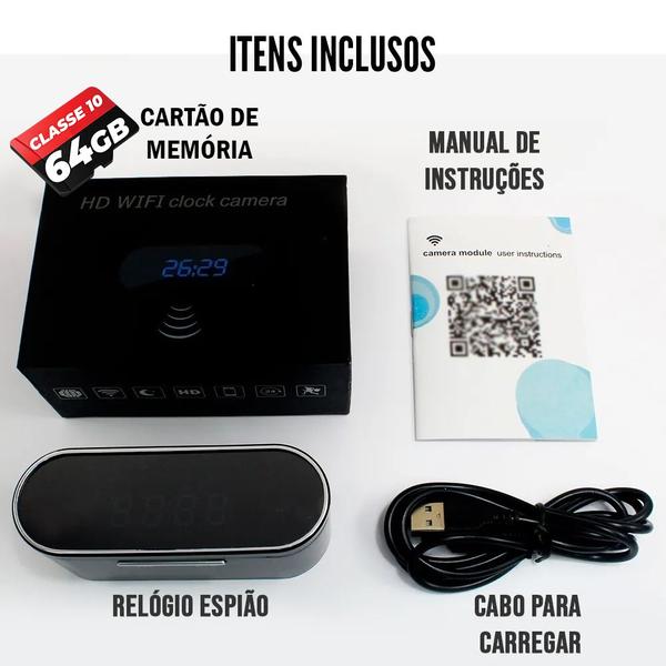 Imagem de Mini Câmera Escondida Z10 W-Fi Formato Relógio Digital  + Cartão Memória 64GB Filmadora Secreta Full HD 4k