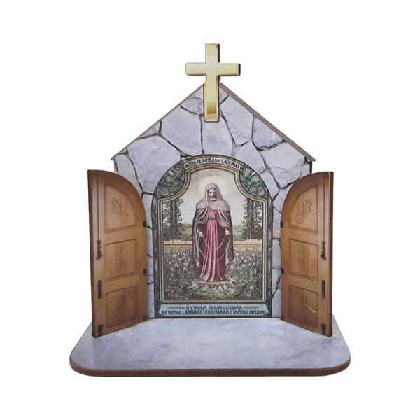 Imagem de Mini Capela Oratório Display Enfeite de Mesa Nossa Senhora das Lagrimas 12cm Mdf Madeira