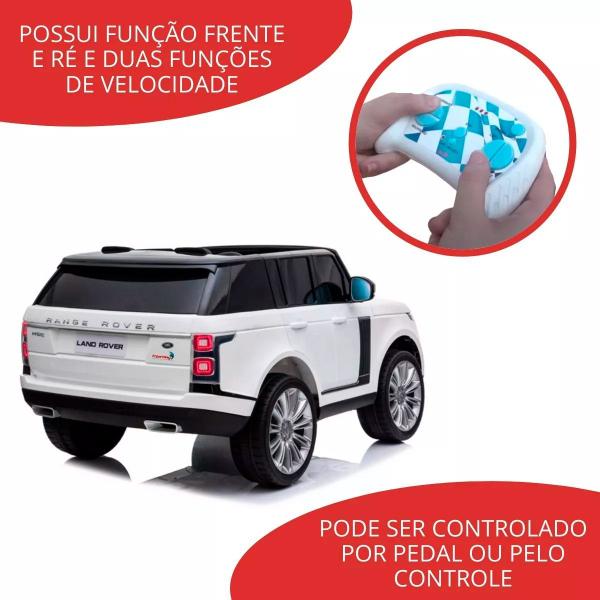 Imagem de Mini Carro Elétrico Branco Rand Rover 24V 2 Assentos Rádio MP3 Buzina Farol LED Velocidade 5km/h