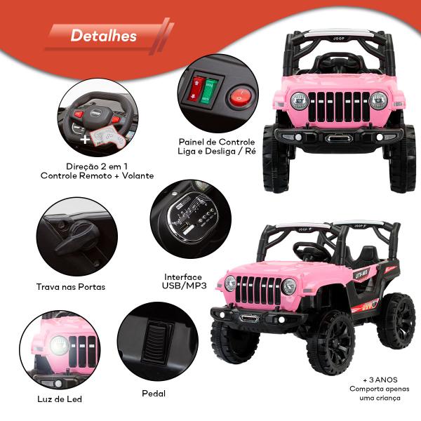 Imagem de Mini Carro Elétrico Jipe Motorizado Rosa Som Mp3 Luz Led