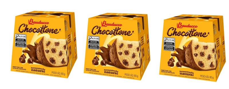 Mini Chocotone Bauducco 80g Gotas Chocolate kit com 3 na Caixinha Imagem de Mini Chocotone Bauducco 80g Gotas Chocolate kit com 3 na Caixinha