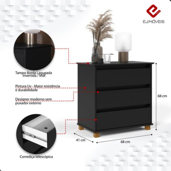 Imagem de Mini Cômoda Multifuncional Moderna Sem Puxadores Pés em Madeira 3 Gavetas EJ