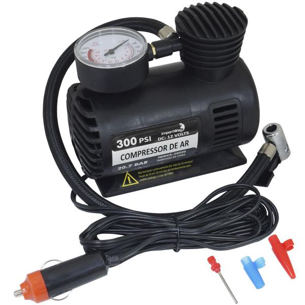 Imagem de Mini Compressor de Ar Automotivo Portátil 12V 300 Psi com 3 Adaptadores Importway Iwmca-30020