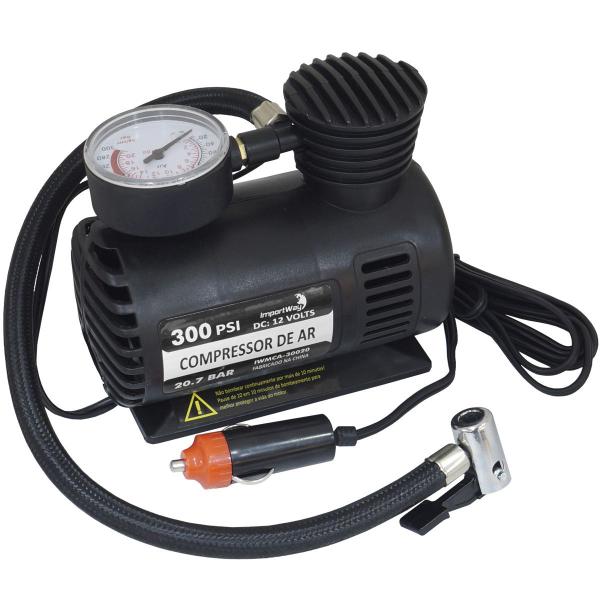 Imagem de Mini Compressor de Ar Automotivo Portátil 12V 300 Psi com 3 Adaptadores Importway Iwmca-30020