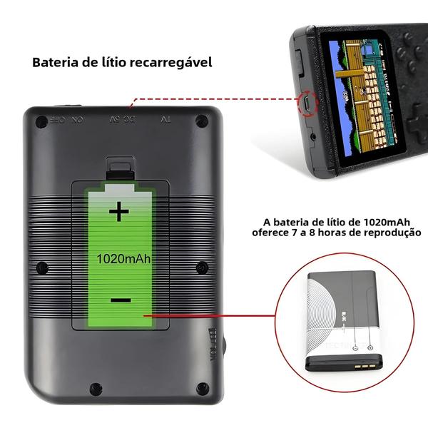 Imagem de Mini Console De Videogame Portátil Retrô Infantil, 8 Bits, 3 Polegadas, LCD, 500 Jogos Integrados