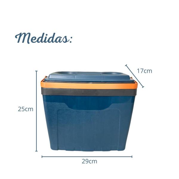 Imagem de Mini Cooler Pratico De Plastico Caixa Térmica Compacta Portatil 7 Litros Cabem 10 Latas de 350ml Com Descanso de Copo Cor Azul com Alça Laranja