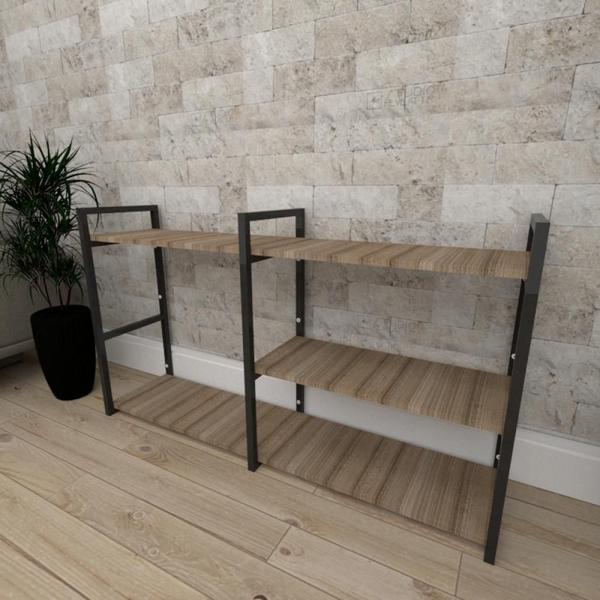 Mini estante industrial para escritório aço cor preto mdf 30cm cor amadeirado escuro mod ind14aeep - E-nichos Imagem de Mini estante industrial para escritório aço cor preto mdf 30cm cor amadeirado escuro mod ind14aeep