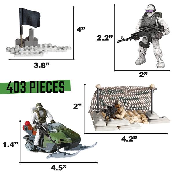 Imagem de Mini Figuras de Ação das Forças Especiais - Inclui 3 Conjuntos de Edifícios - com 9 Soldados, Tropas do Ártico, Escoteiros de Snowmobile, Esquadrão do Deserto - Tropas Especiais Presentes de Brinquedo para 10 11 12 + Meninos Crianças Meninas, 403 P