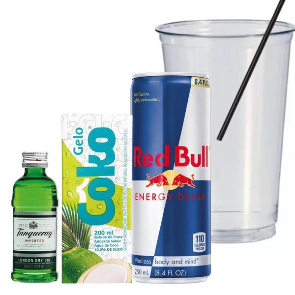 Imagem de Mini Gin Tanqueray 50ml, 1 Red Bull 250ml, 1 Água De Coco 200ml, copão 700ml