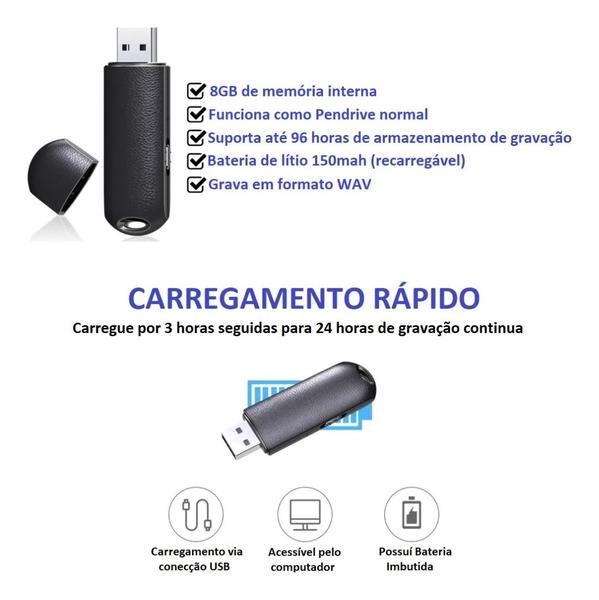 Imagem de Mini Gravador De Voz Espião Pendrive 8gb Grava Até 40 Horas