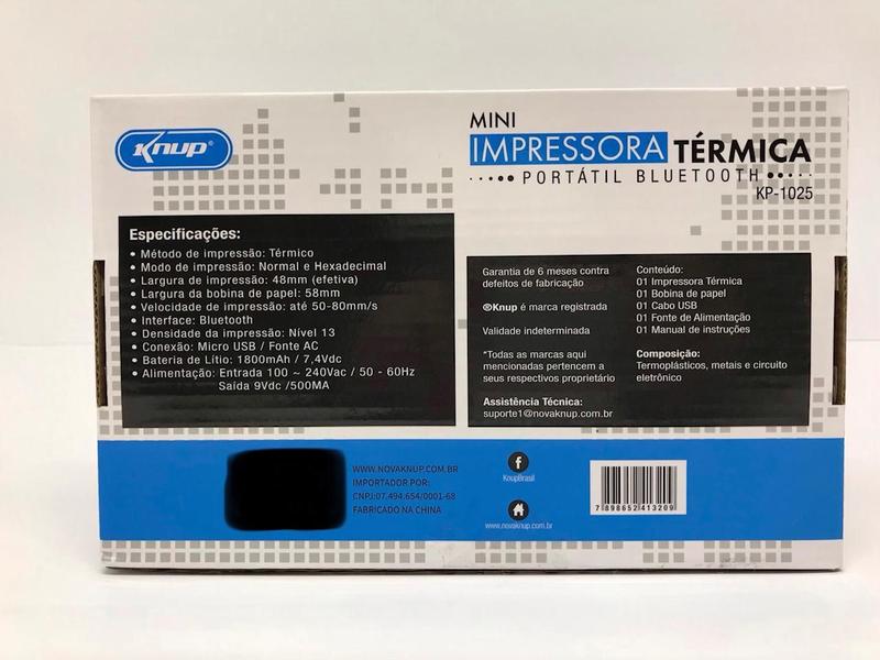 Imagem de Mini Impressora Térmica Portatil Bluetooth Kp-1025 Knup