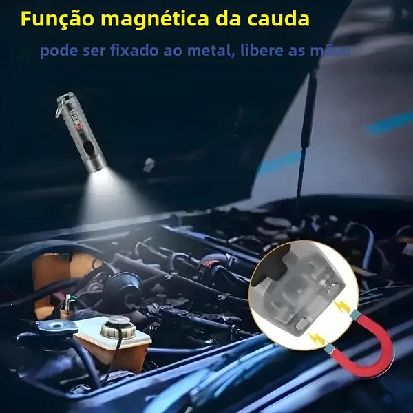 Imagem de Mini Lanterna de Chaveiro Recarregável - 10 Modos e Base Magnética