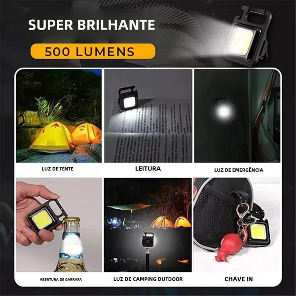 Imagem de Mini Lanterna LED Portátil COB com Chaveiro - 500lm - USB Recarregável - Ideal para Camping