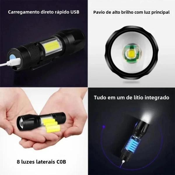 Imagem de Mini Lanterna LED Recarregável COBtXPE com Zoom - Tocha Portátil com Clipe e Carregamento USB