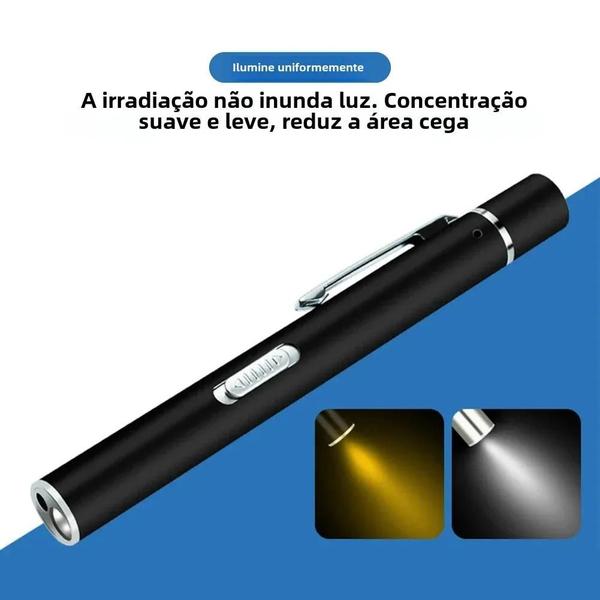 Imagem de Mini Lanterna LED Recarregável USB - Caneta Médica com Clipe de Aço Inoxidável