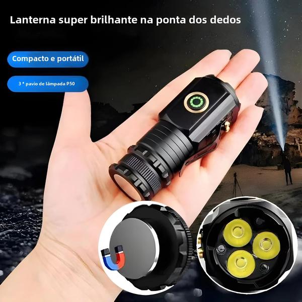 Imagem de Mini Lanterna Recarregável 3 LED à Prova D'Água - Portátil com Clipe e Ímã