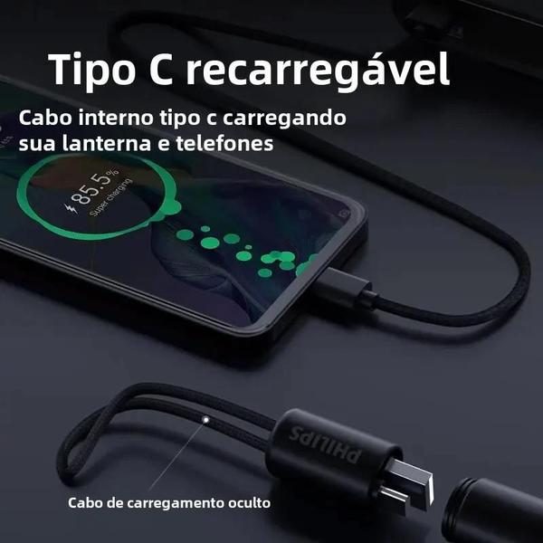 Imagem de Mini Lanterna Recarregável Philips LED 7cm - 7 Modos de Iluminação - Ideal para Caminhadas, Viagens e Autodefesa