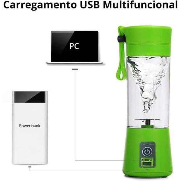 Imagem de Mini Liquidificador Garrafa Portátil VERDE Mixer Juice Para Shake USB Recarregável 6 Lâminas 