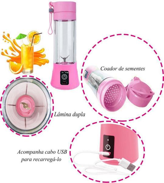 Mini Liquidificador Portátil Elétrico Recarregável USB Rosa - Bazar 110 Imagem de Mini Liquidificador Portátil Elétrico Recarregável USB Rosa