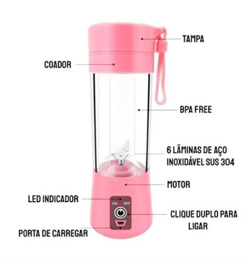 Imagem de Mini Liquidificador Portátil Recarregável USB 380ml Rosa- Yepp YT 2038