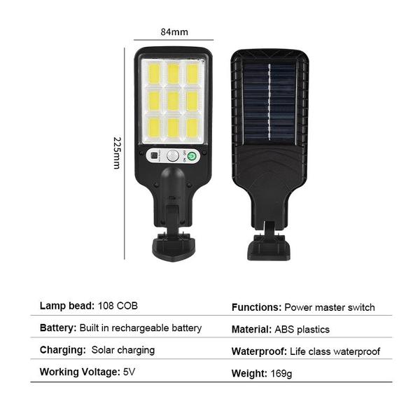 Imagem de Mini Luminária Solar Poste Rua Parede Refletor 108 Cob Sensor Preto