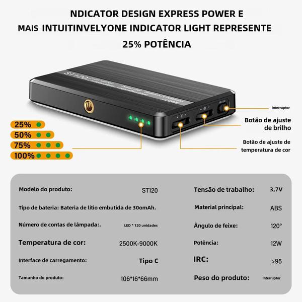 Imagem de Mini Luz de Vídeo LED Recarregável ST-120 - 3000mAh, 3 Modos, CRI95, 2500-9000K