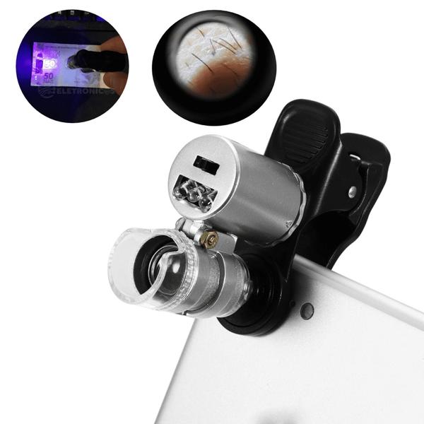 Imagem de Mini Microscópio Lupa Clip Para Celular Smartphone Lente Zoom 60x 2 Led Branco E 1 Uv 9882W9