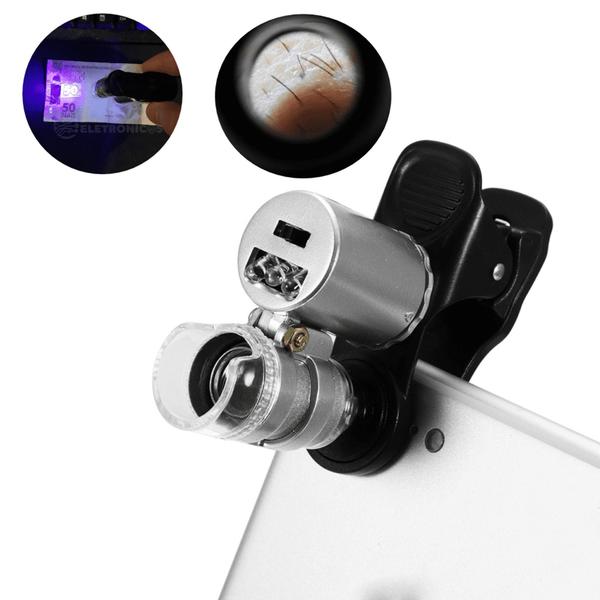 Imagem de Mini Microscópio Lupa Clip Para Celular Smartphone Lente Zoom 60x Com 2 Led Branco E 1 Uv 9882W