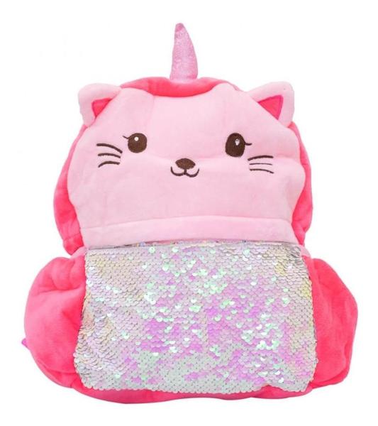 Imagem de Mini Mochila Infantil Rosa Sereia Gato Pelúcia 30x30cm Creche Escolar Escolinha