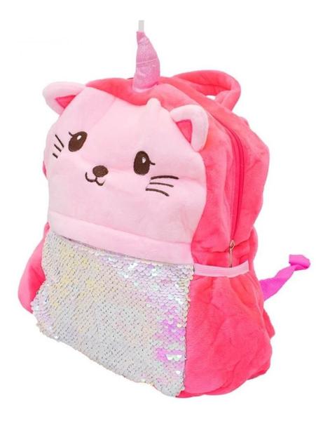 Imagem de Mini Mochila Infantil Rosa Sereia Gato Pelúcia 30x30cm Creche Escolar Escolinha