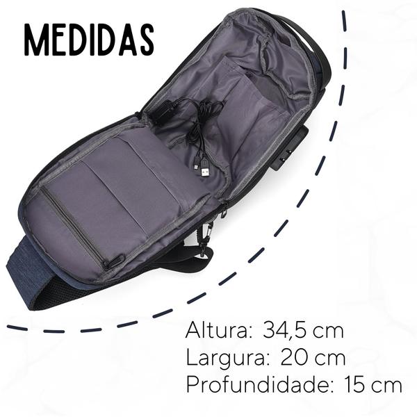 Imagem de Mini Mochila Transversal Masculina De Peito Diagonal + Usb - Azul