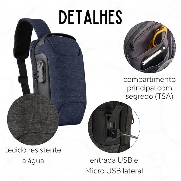 Imagem de Mini Mochila Transversal Masculina De Peito Diagonal + Usb - Azul