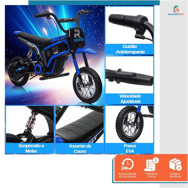 Imagem de Mini Moto Elétrica Infantil 24V Trilha Bateria 2 Motores 350W Rodas 12" Suspensão LED Música e Acelerador no Guidão