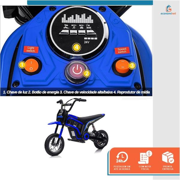 Imagem de Mini Moto Elétrica Infantil 24V Trilha Bateria 2 Motores 350W Rodas 12" Suspensão LED Música e Acelerador no Guidão