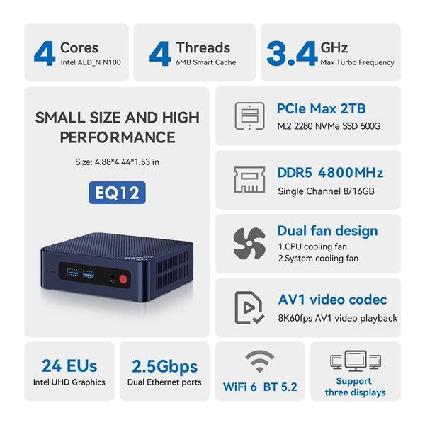 Imagem de Mini PC Beelink EQ12 Intel N100 de 12ª geração 16 GB RAM 500 GB SSD