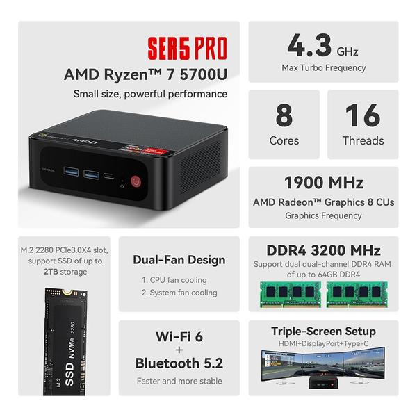 Imagem de Mini PC Beelink SER5 AMD Ryzen 7 5700U 32 GB de RAM 500 GB SSD