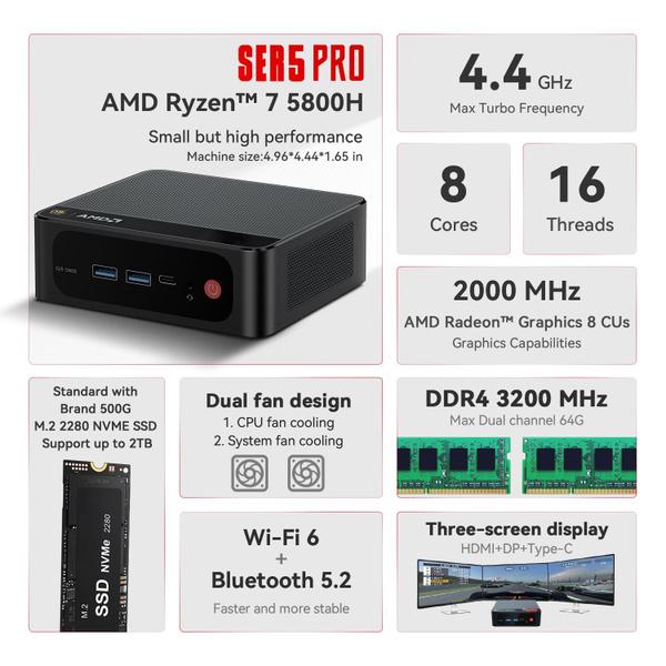 Imagem de Mini PC Beelink SER5 PRO AMD Ryzen 7 5800H 16 GB 500 GB SSD