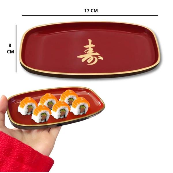 Imagem de Mini Tigela Prato Oval para Sushi 17cm + Hashioki e Par de Hashi Vermelho  Nihon Shikko 