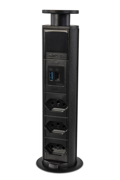 Imagem de Mini Torre De Tomada Embutir 3 Elétricas 10A + USB-C Preta