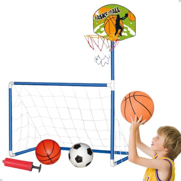 Imagem de Mini Trave Futebol Infantil + Cesta De Basquete 2 Bolas Rede