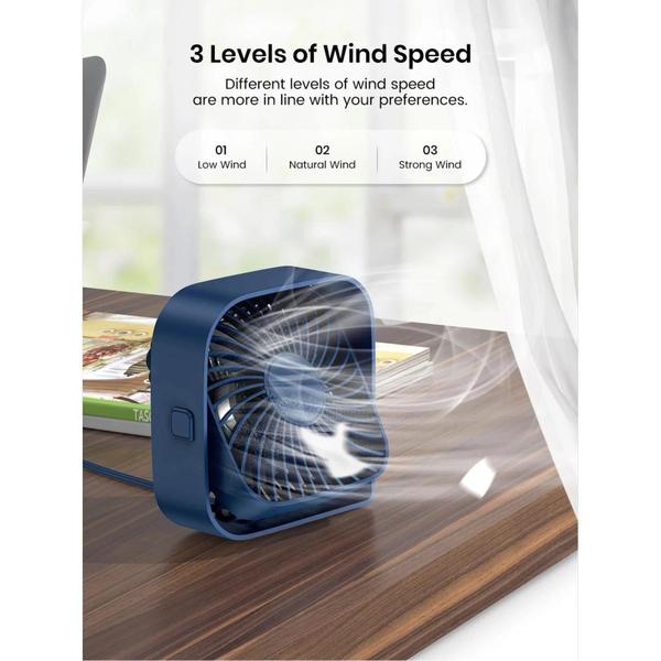 Imagem de Mini Ventilador de Mesa USB Portátil - Fluxo de Ar Forte e Silencioso - 3 Velocidades e Rotação 360°