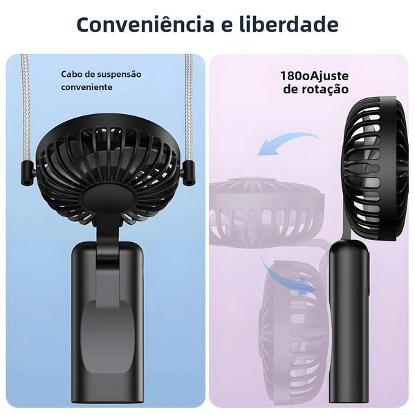 Imagem de Mini Ventilador Portátil Recarregável USB 2400mAh - 3 em 1 com Suporte para Pescoço e Mão