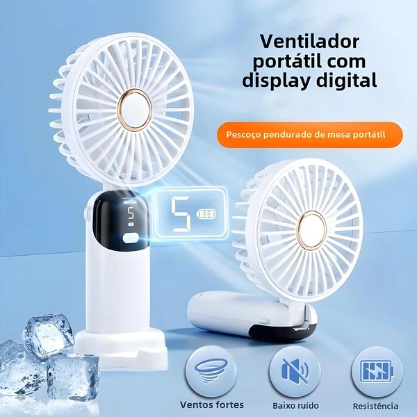 Imagem de Mini Ventilador Portátil USB Recarregável - 5 Velocidades, Dobrável com Suporte para Celular