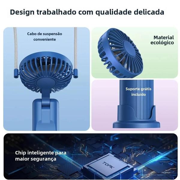 Imagem de Mini Ventilador Portátil USB Recarregável 5000mAh - com Base e Cordão