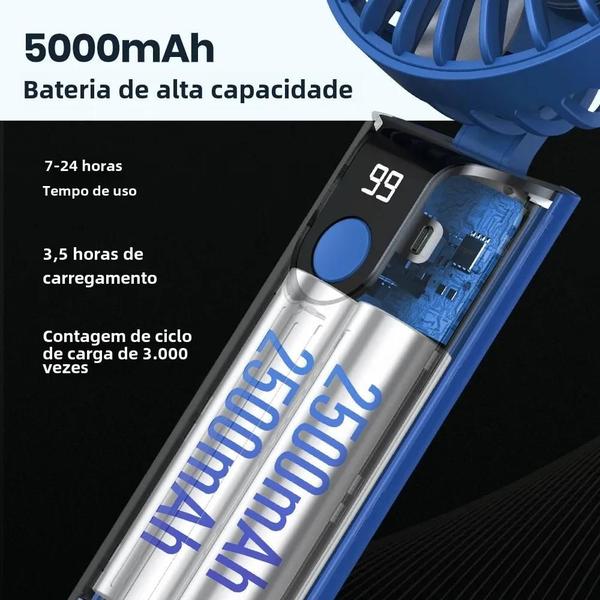 Imagem de Mini Ventilador Portátil USB Recarregável 5000mAh - com Base e Cordão