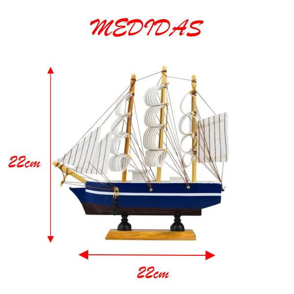 Imagem de Miniatura Barco Navio de Madeira Veleiro Azul Enfeite 22cm